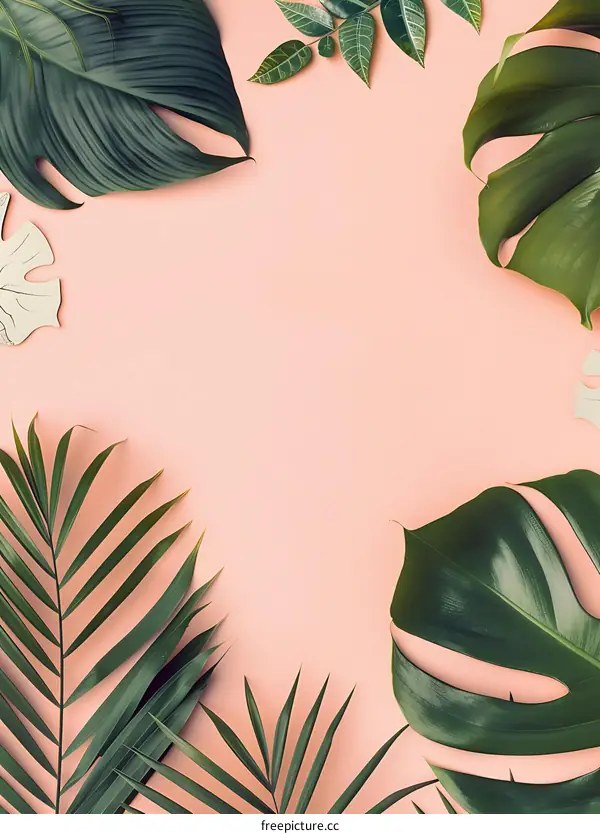 Tropical Leaves on Pink Background