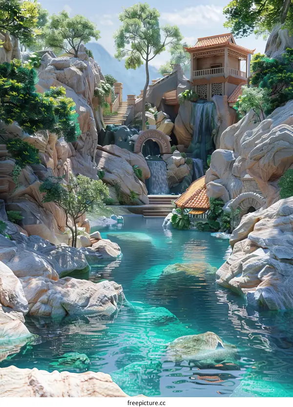 Traditional Asian House and Watermill by the River in Mountains