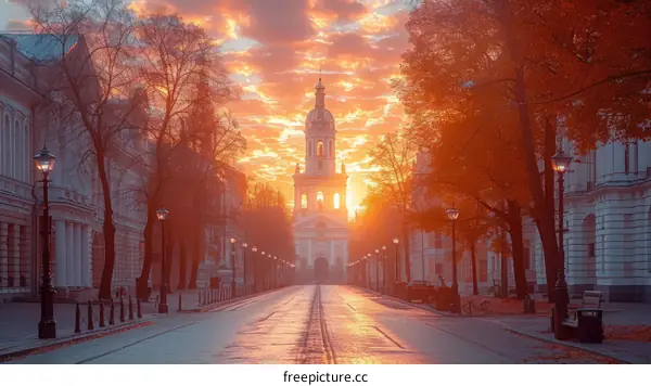 An empty street scene with a beautiful sunrise in the background