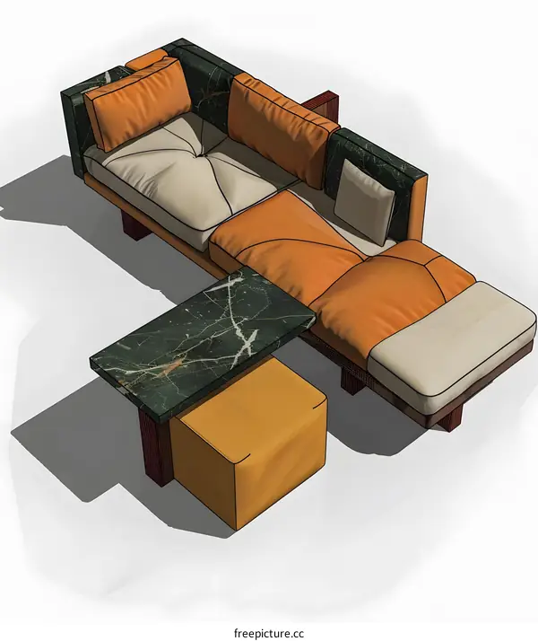 Modern Sectional Sofa with Marble Table and Cushions