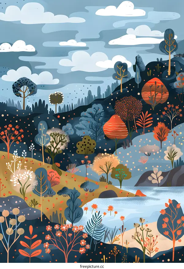 Illustrated Landscape with Blue Sky and Colorful Trees