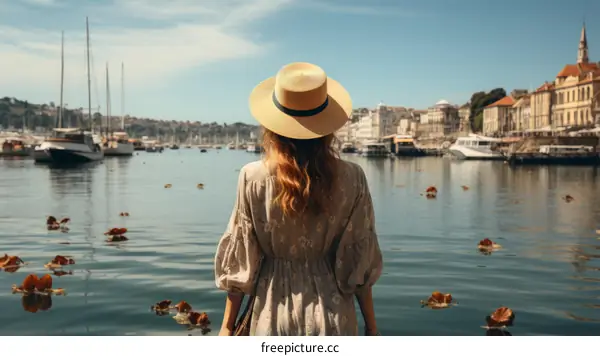 A woman wearing a hat is standing by the sea and looking at the boats.