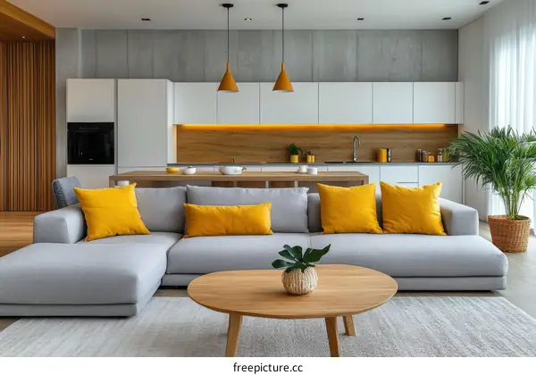 Modern Living Room Interior Design with Mustard Yellow Accent
