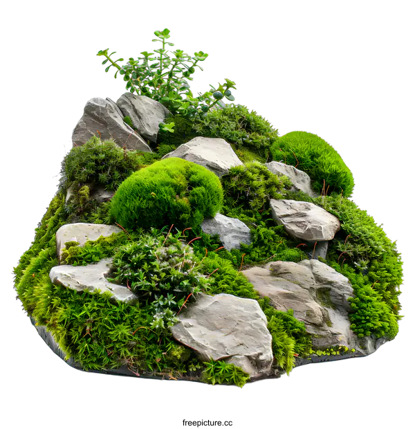 [Transparent Background PNG]Green Moss and Rocks Landscape Isolated on White Background