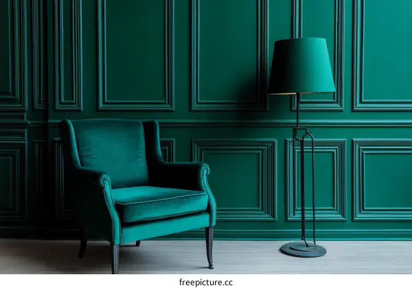 Emerald Green Room with Luxurious Armchair and Floor Lamp