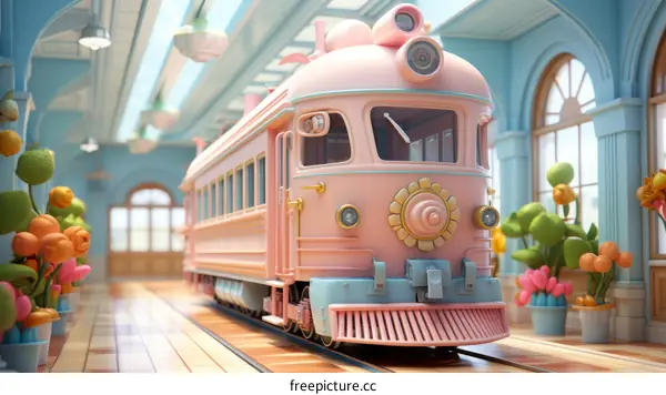 A pink cartoon train in a station