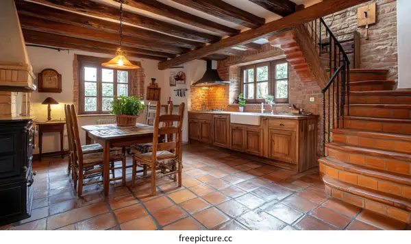 Rustic Kitchen with Wooden Beams and Terracotta Flooring