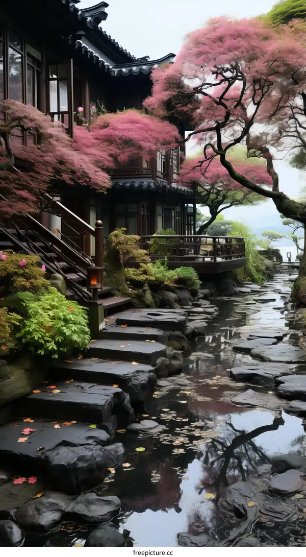 Japanese traditional house with beautiful garden and pink cherry blossom trees