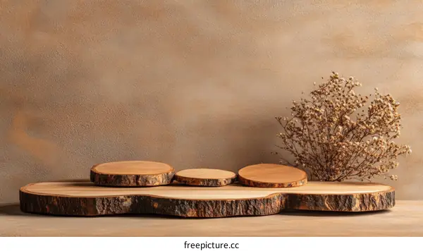 Natural Wooden Display Stand with Dried Flowers