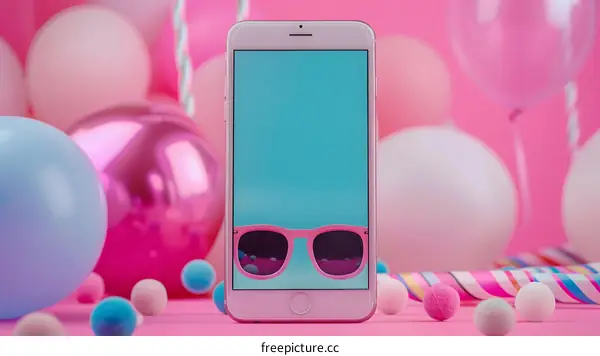 Pink Smartphone with Sunglasses on Screen and Balloons