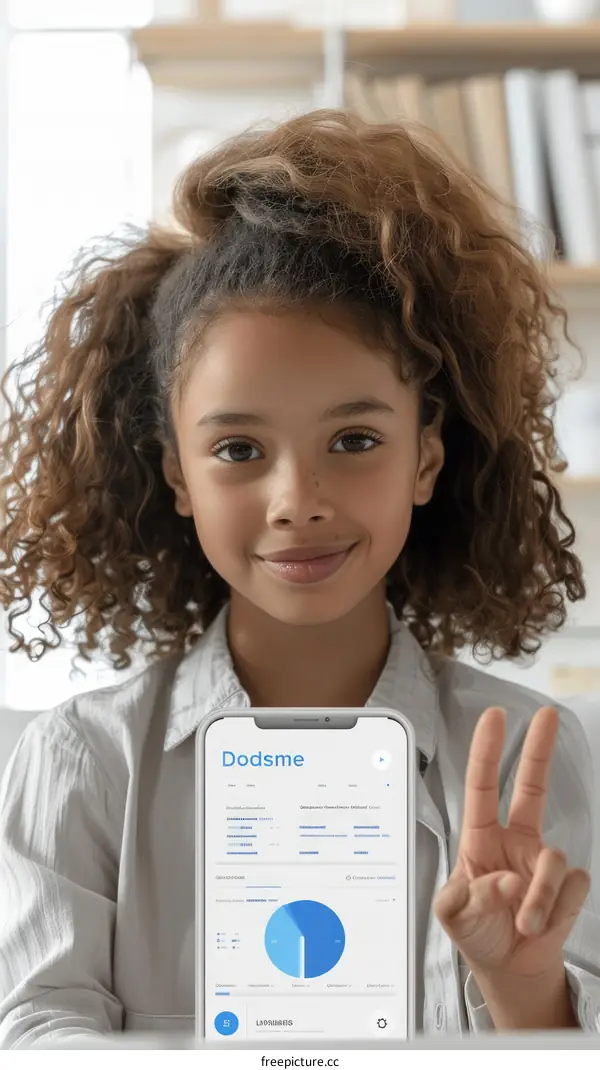 Young girl holding a smartphone with a peace sign