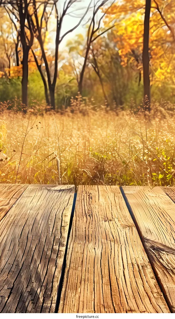 Wooden Plank Background With Blurred Autumn Forest