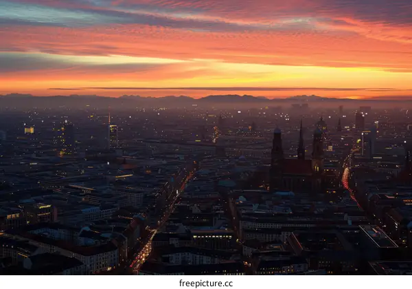 Munich cityscape during sunset with a vibrant sky