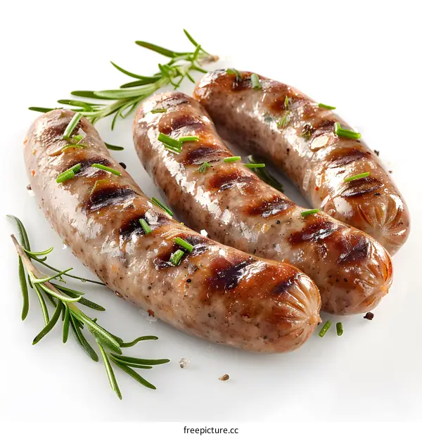 Three grilled sausages with rosemary
