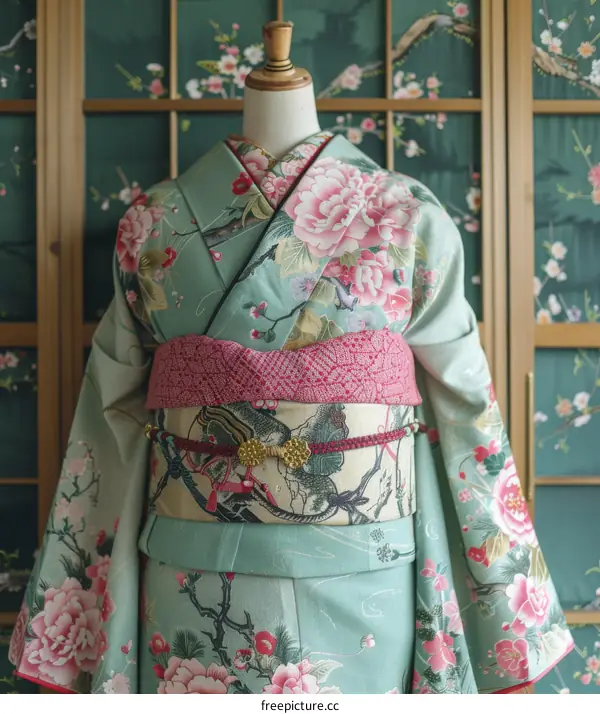 A kimono with a floral pattern and a pink obi