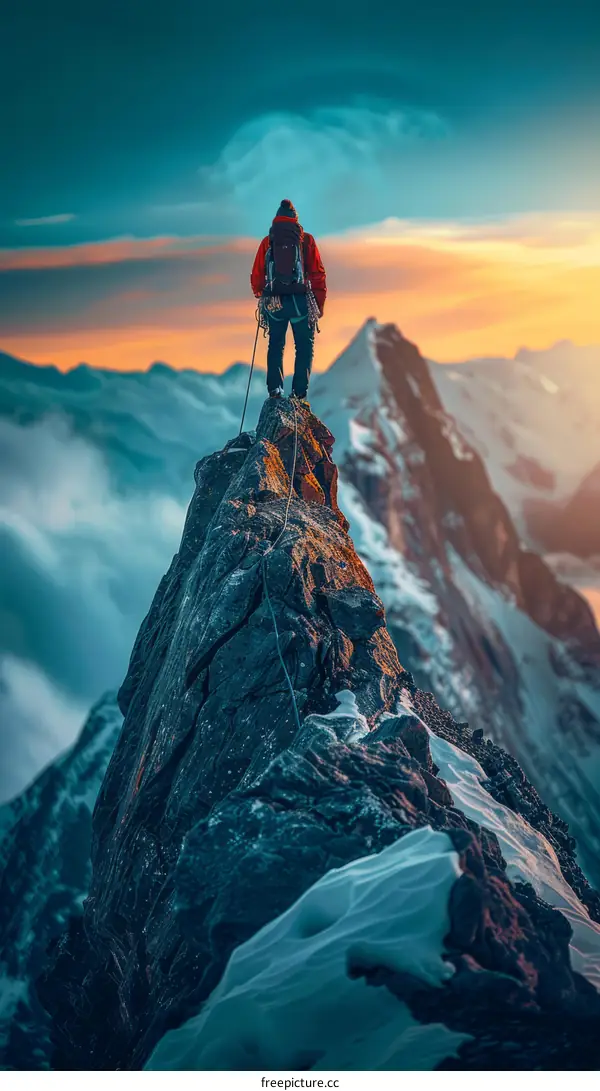 A lone climber reaches the summit of a mountain and takes in the view