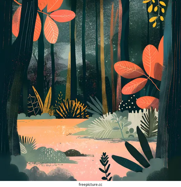 Forest Illustration with Orange and Green Leaves