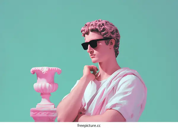 Pink Statue Man in Sunglasses against a Teal Background