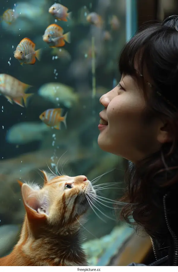 A ginger cat and a girl are looking at the fishes in the aquarium