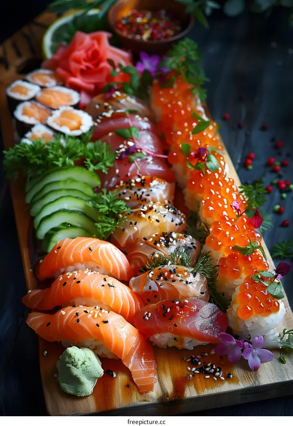 Assortment of Sushi on Wooden Platter with Garnish