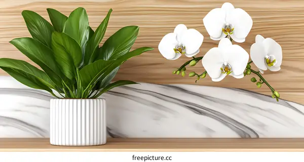 White Orchid and Green Plant on Wooden and Marble Background