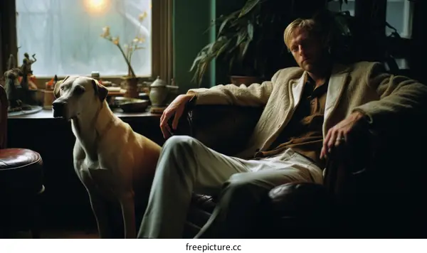 A man and his dog are sitting in a living room.