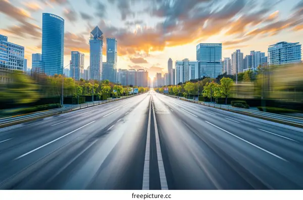 Empty asphalt road through a modern city at sunset