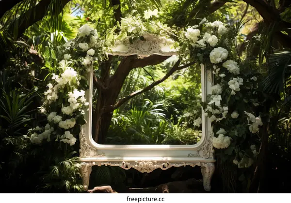 White Ornate Picture Frame in Lush Green Jungle Foliage