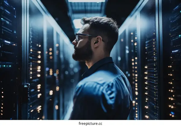 Data Center Technician Examining Server Racks