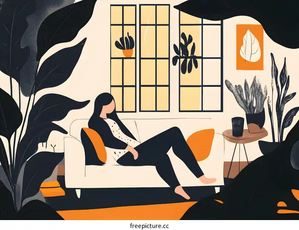 Woman Relaxing On Couch In Modern Living Room