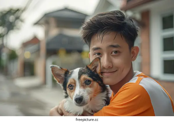 A young man is hugging a dog outside of his house.