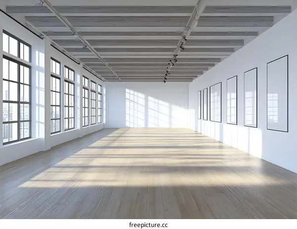 Empty Modern Gallery Room With Large Windows And Wooden Floor