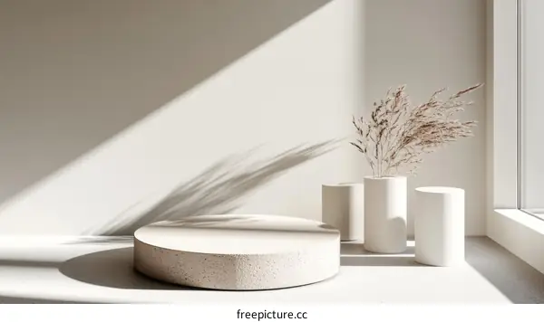 Minimalist Beige Display Podium with Dried Grass