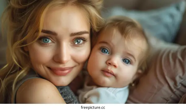 A beautiful young mother is smiling at her baby