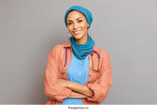 Confident Female Doctor Portrait Against Gray Background