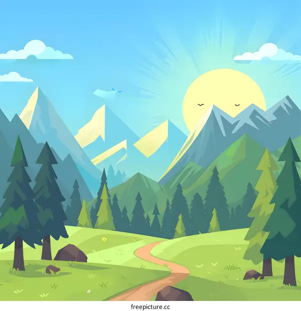 Mountain Landscape Illustration with Winding Path and Sun