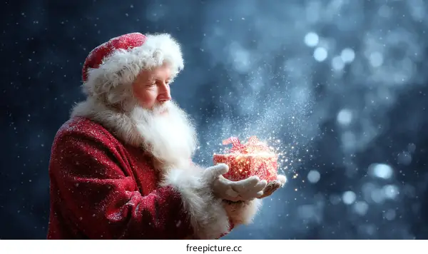 Santa Claus Holding a Sparkling Gift Box