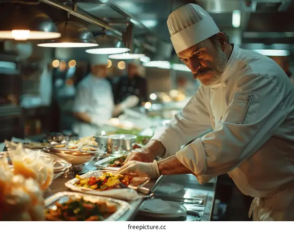 A chef carefully plating a dish in a commercial kitchen