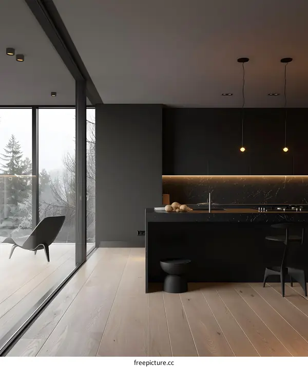 Modern Minimalist Black Kitchen Interior Design With Window View