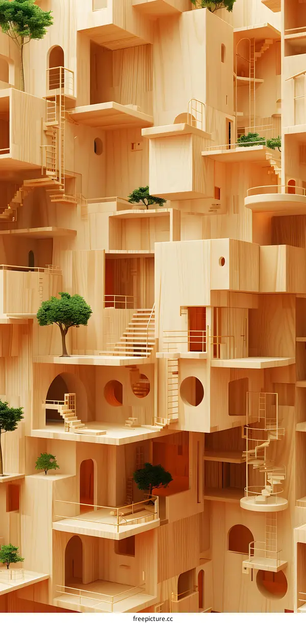 Wooden Architectural Structure With Interconnected Balconies And Stairways