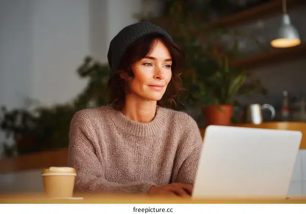 Woman Working on Laptop in Cafe Setting