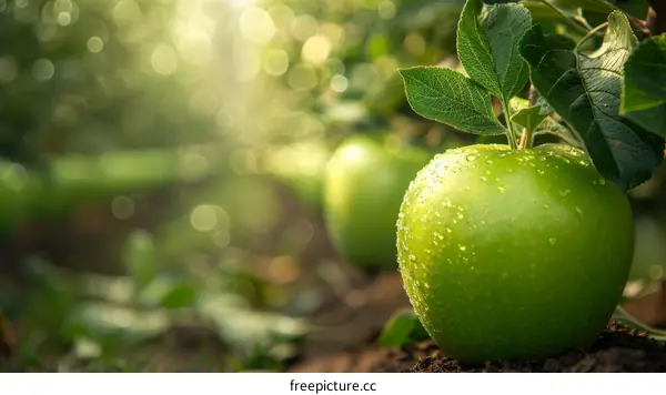 Close-up of a green apple in an orchard