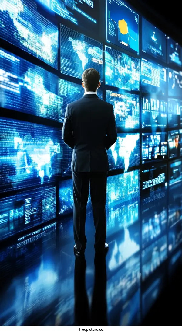 Businessman Examining Futuristic Data Wall