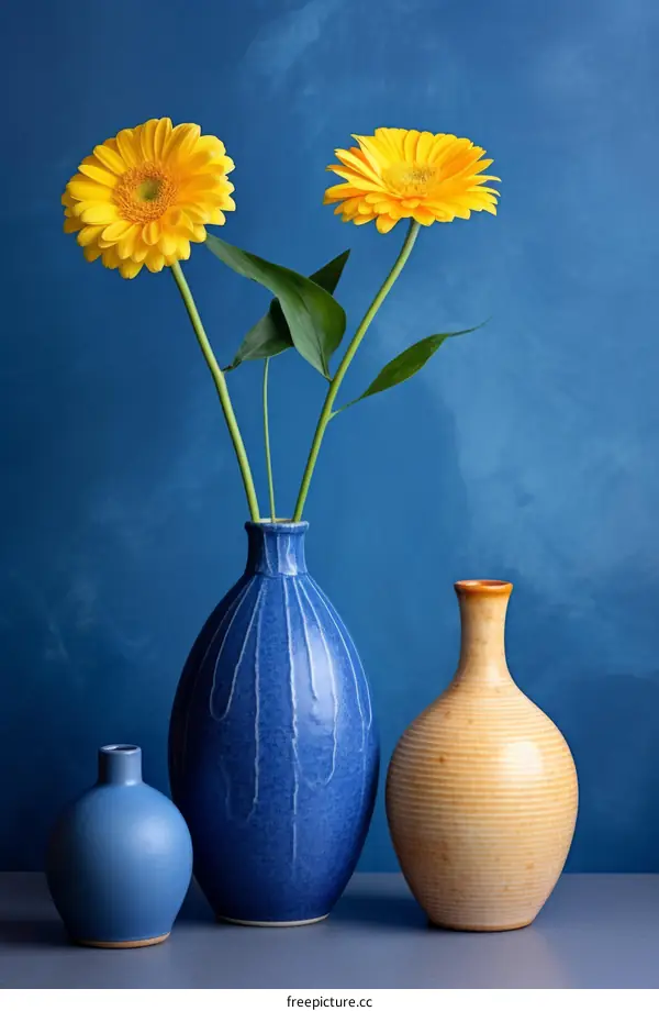 Three vases of yellow flowers
