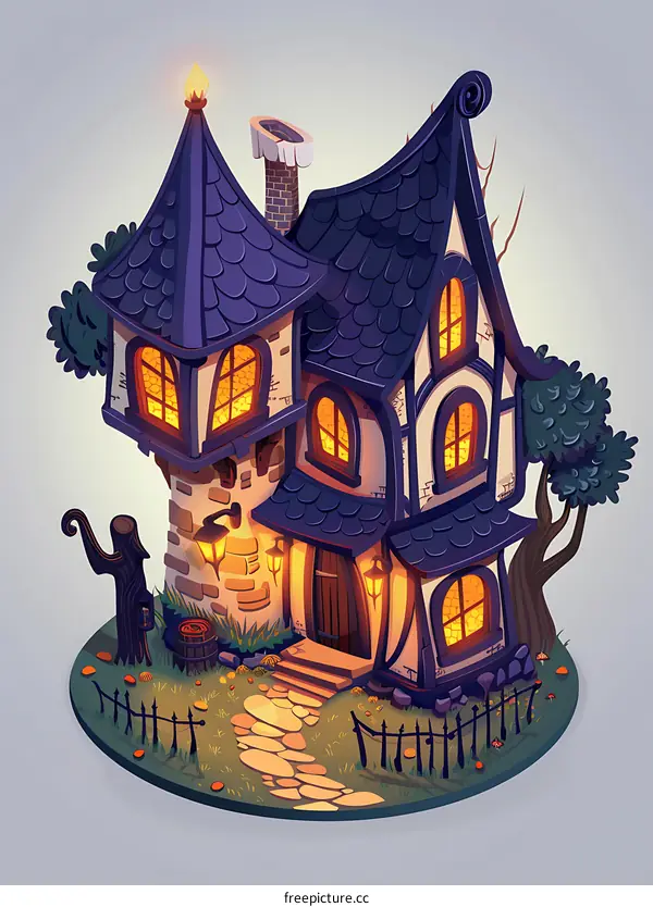 Fantasy House with Magical Lights and a Stone Path