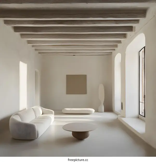Minimalist Interior Design with White Walls, Wooden Beams, and Modern Furniture