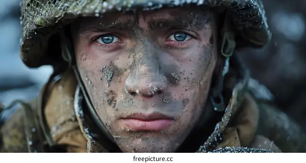 Close Up Portrait Of Dirty Soldier In Military Uniform