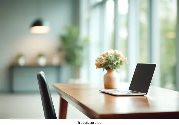 Modern Workplace with Laptop and Vase