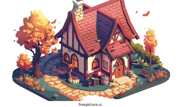 Autumn Cottage with Trees and Path