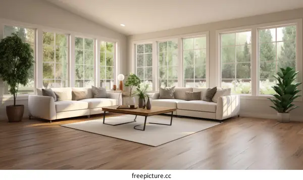 A bright and airy living room with large windows and a vaulted ceiling